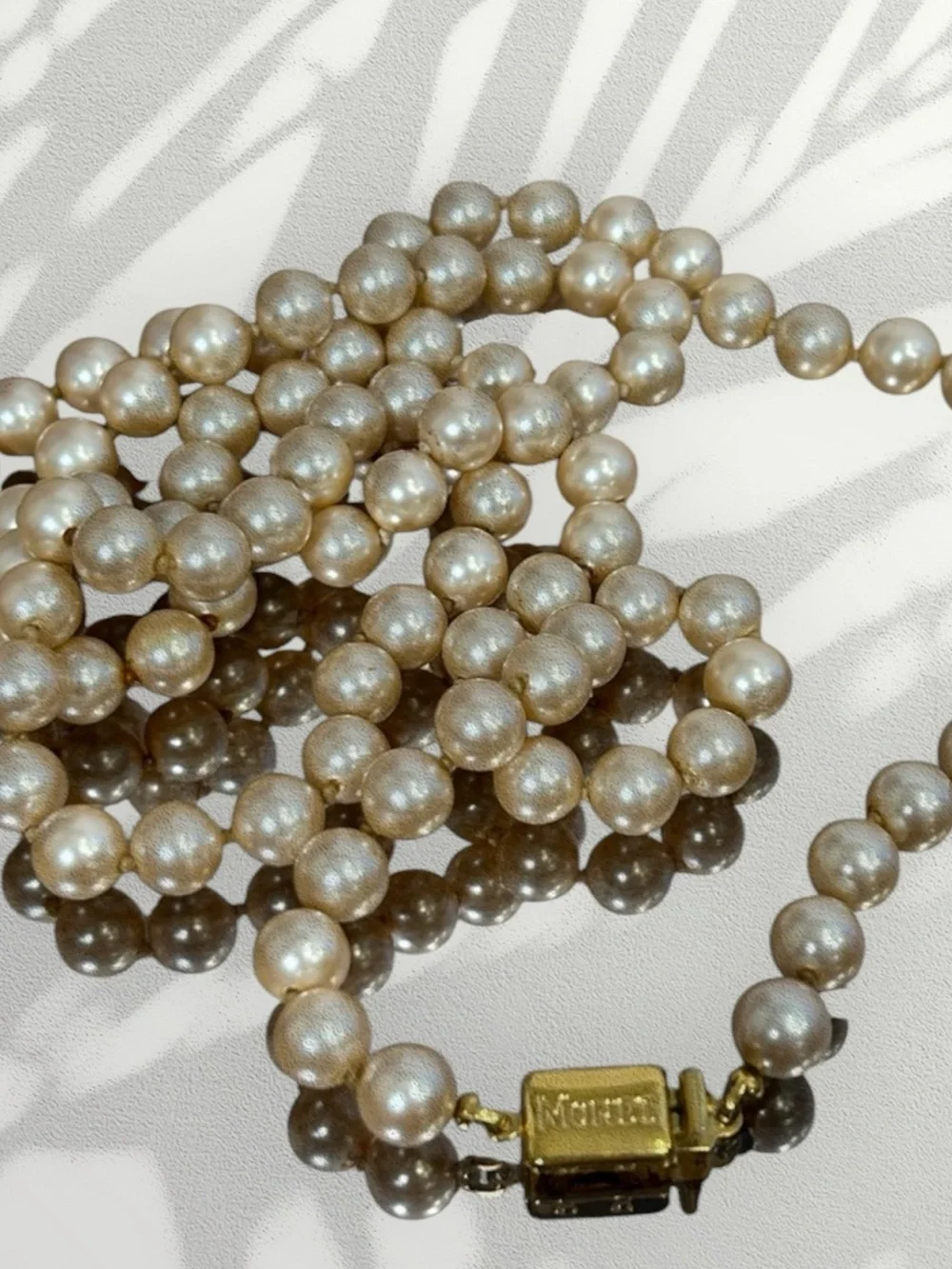 Vintage Monet 34” Faux Pearl Necklace Signed Gold Tone Clasp